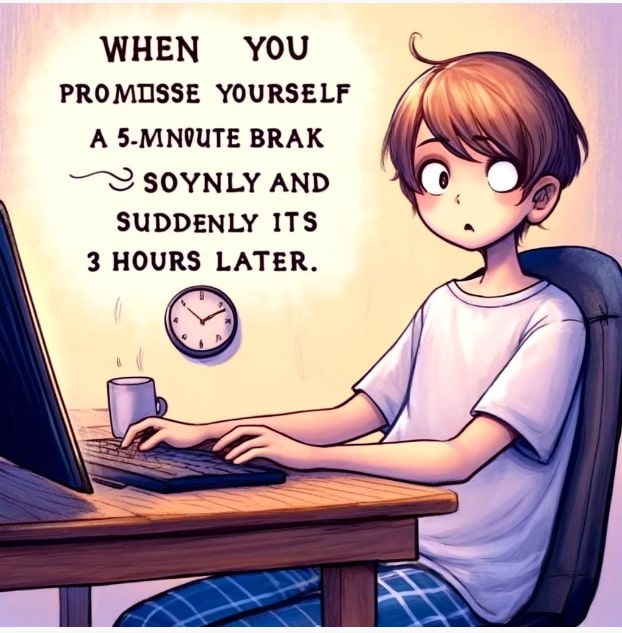 meme When you promise yourself a 5-minute break and suddenly it's 3 hours later.