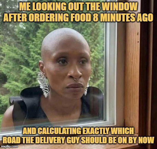 and calculating exactly which road the delivery guy should be on by now. meme