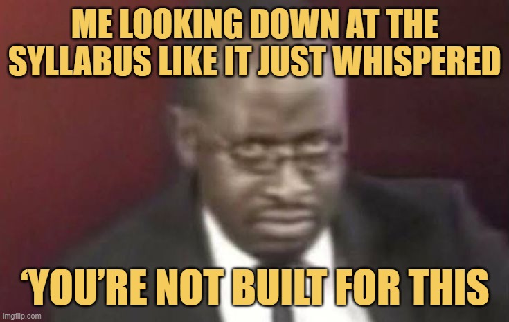 me looking down at the syllabus like it just whispered.jpeg meme