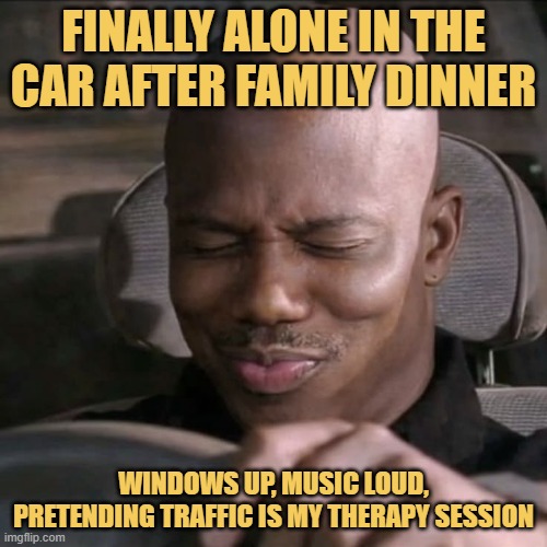 Finally alone in the car after family dinner