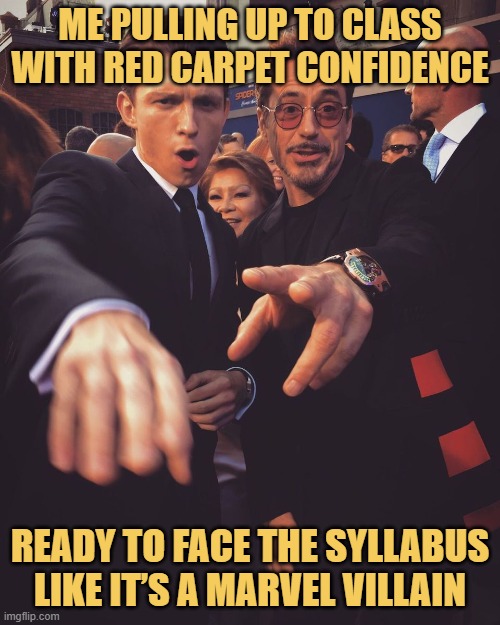 ready to face the syllabus like it’s a Marvel villain.jpeg meme