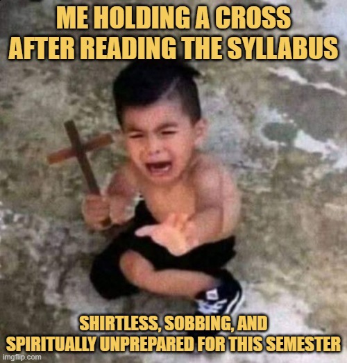 shirtless, sobbing, and spiritually unprepared for this semester.jpeg meme
