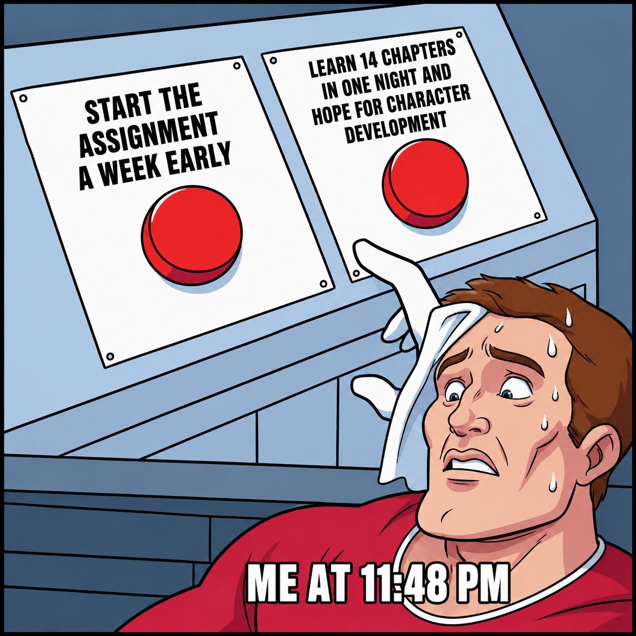 me at 11:48 pm choosing panic mode meme