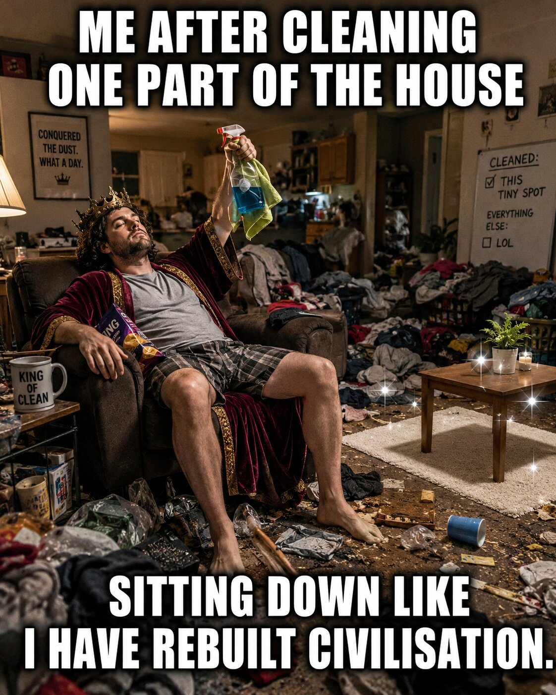 cleaned one tiny section of the house and immediately retired like i’d just rebuilt civilisation meme