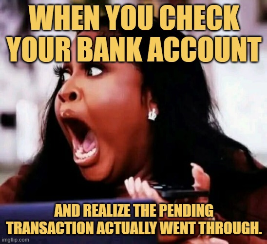 and realize the pending transaction actually went through..jfif meme
