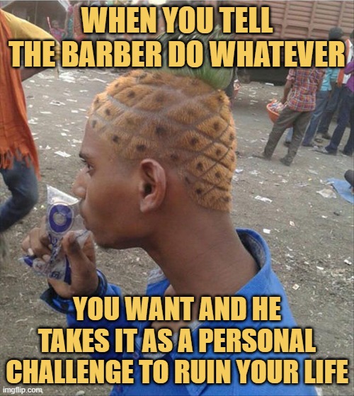 When you tell the barber do whatever. meme