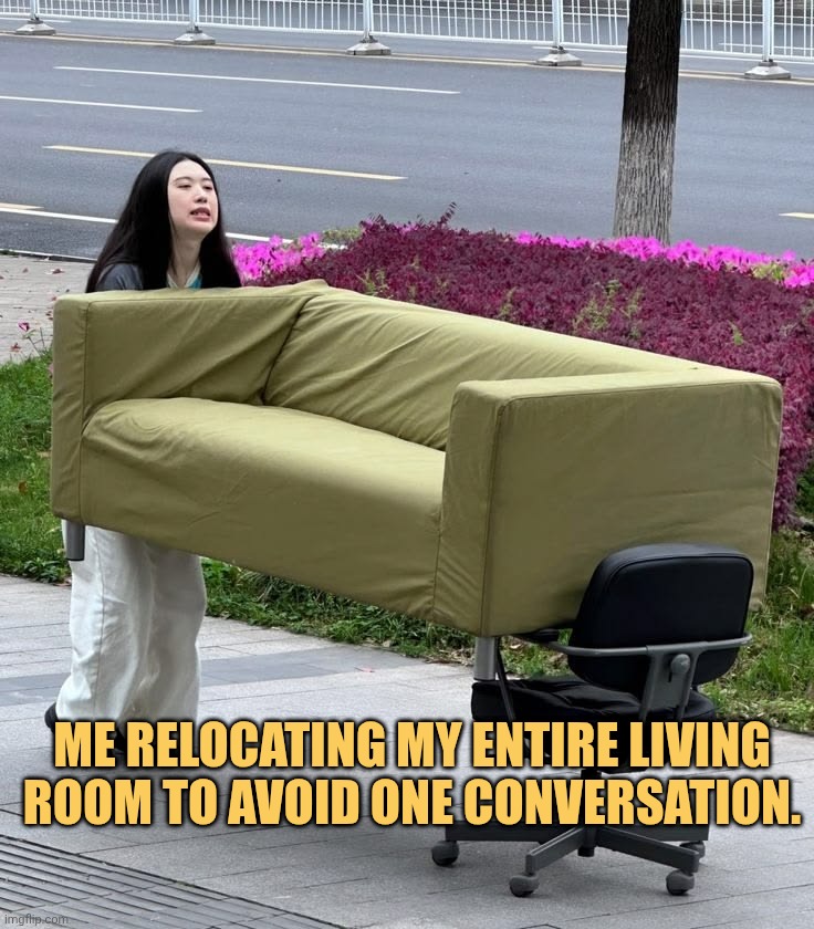 im that introvert that i will relocate my entire living room  than  talking with someone meme