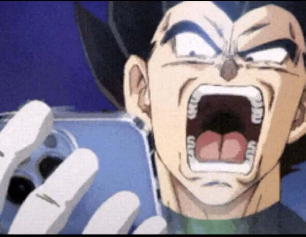 vageta watching phone being shocked meme template
