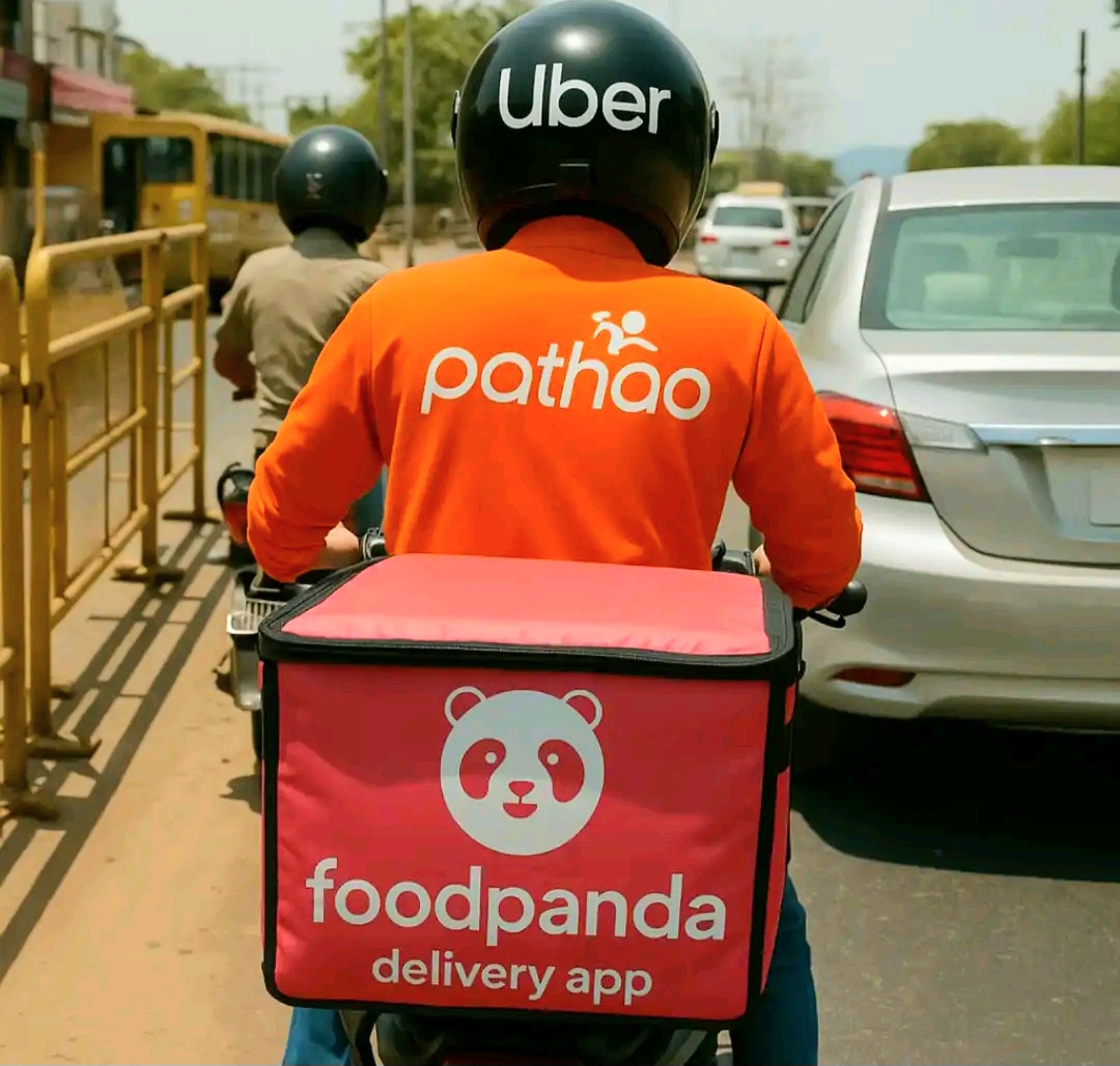 A courier boy with three different company things 
