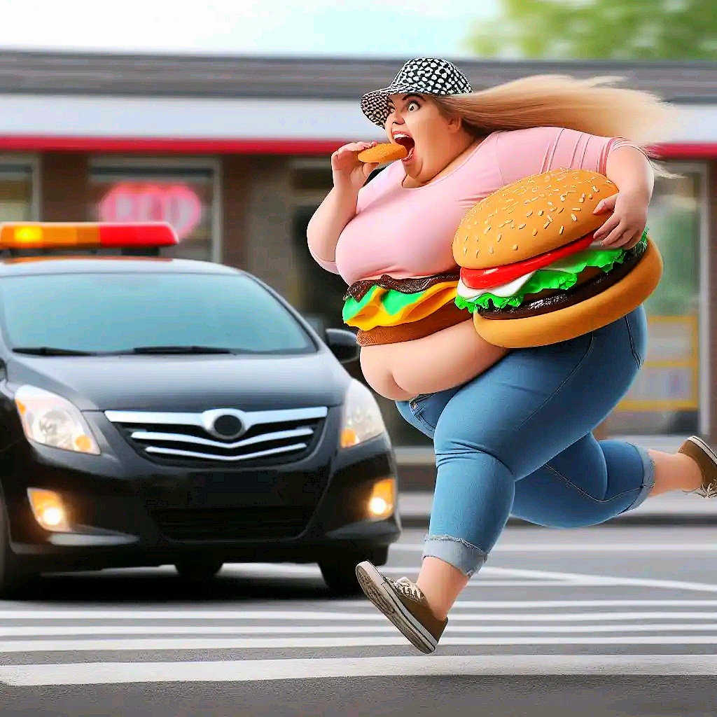 A fat woman running with a burger 
