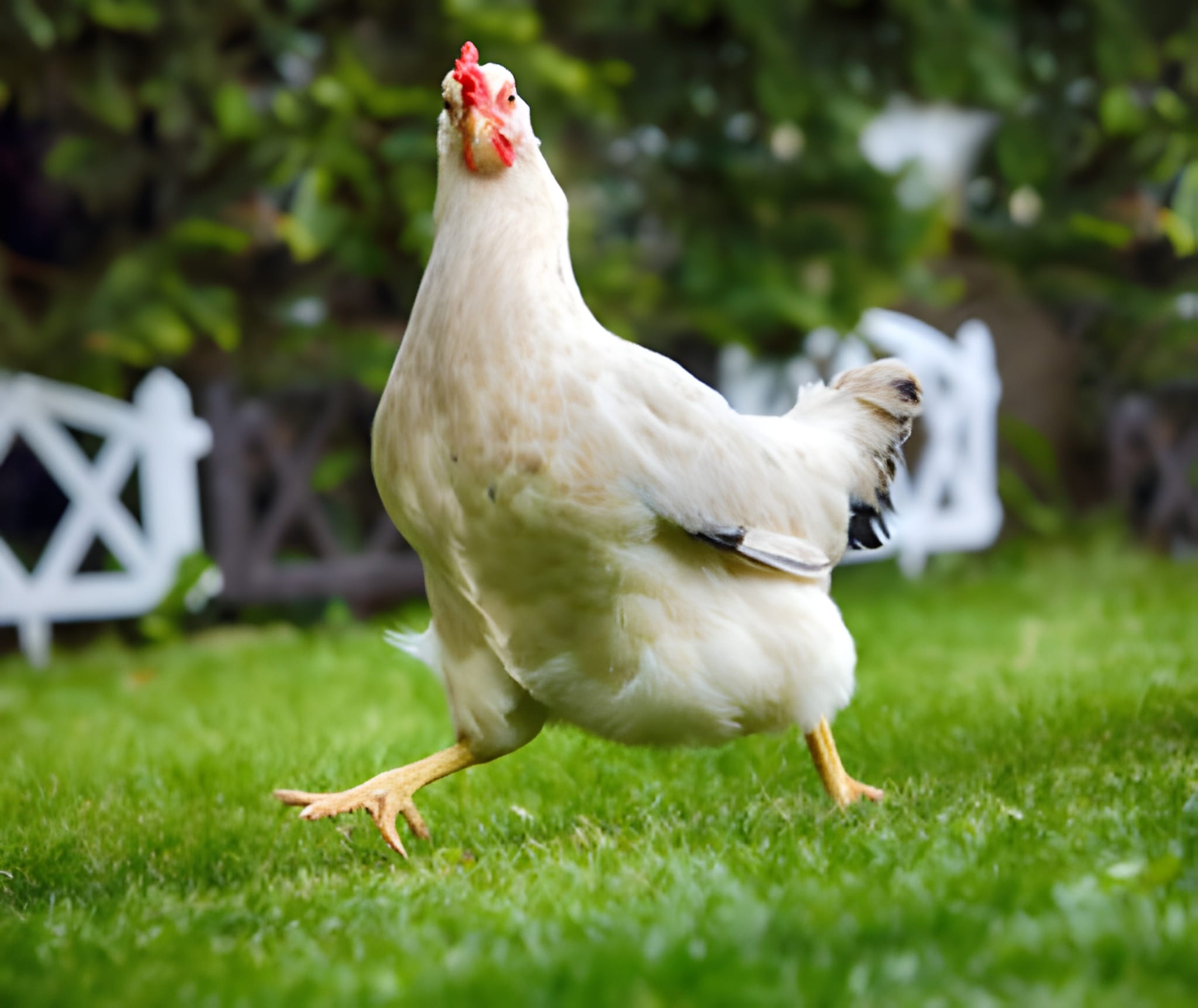White Chicken Walking On Grass 