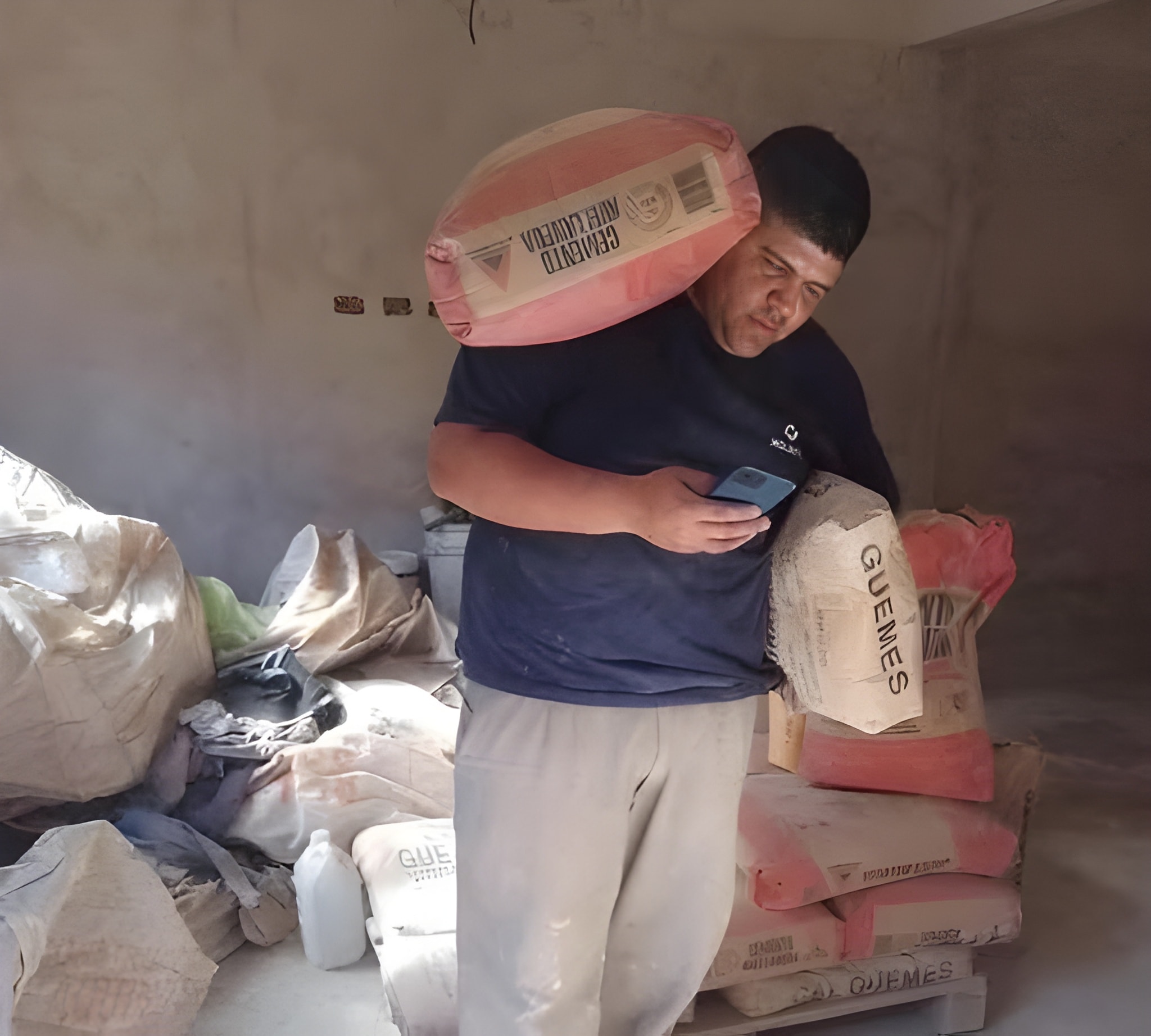 Man Carrying Cement Bags And Using Phone 