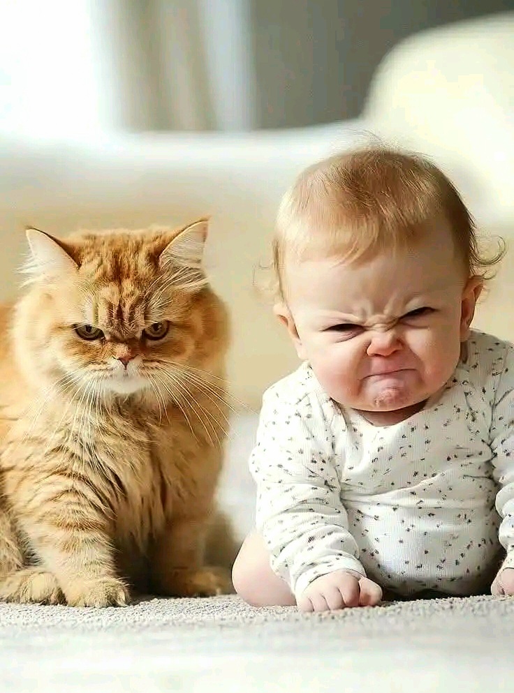 Angry baby with cat