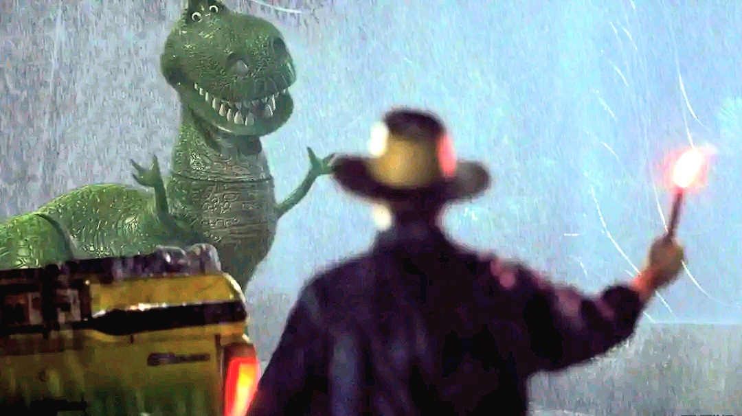A man giving signal to a dinosaur 