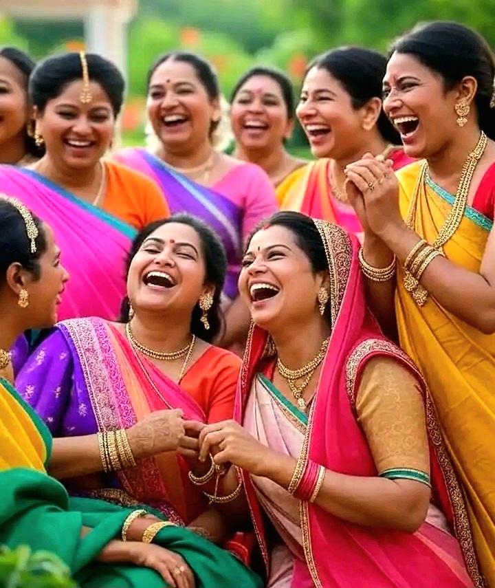 Desi aunties are laughing in a marriage 